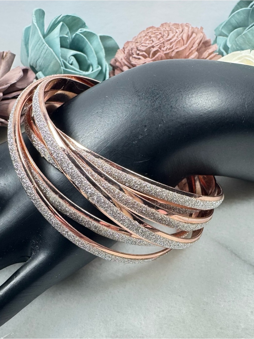 Elegant Rose Gold Multi-Band Glitter Bangle 8 Bracelet - Women Jewelry